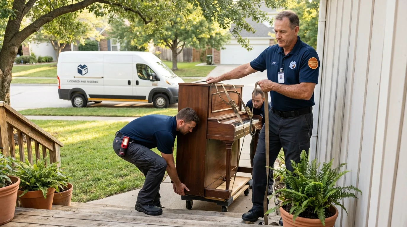 Licensed piano movers securing grand piano in Decatur, AL
