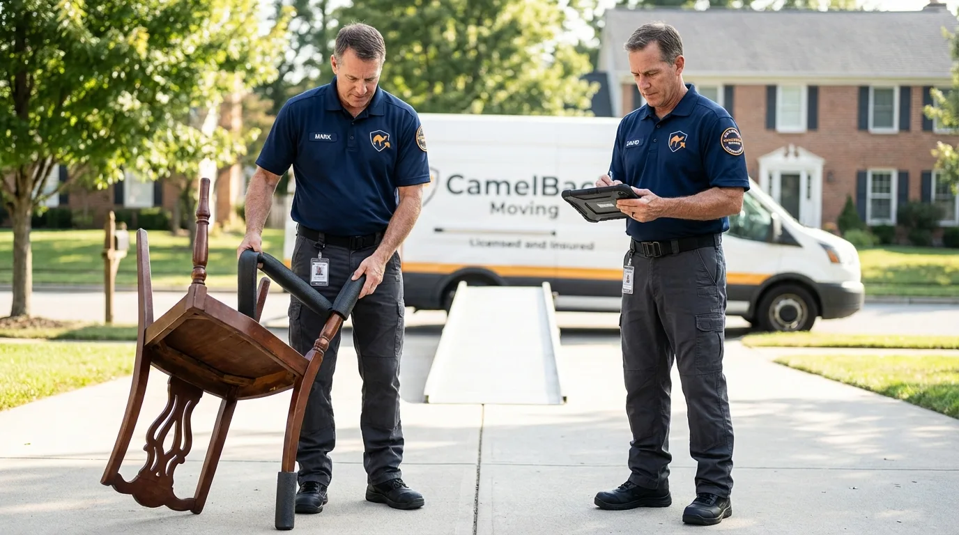 Movers inspecting furniture for damage prevention before loading in Decatur, AL