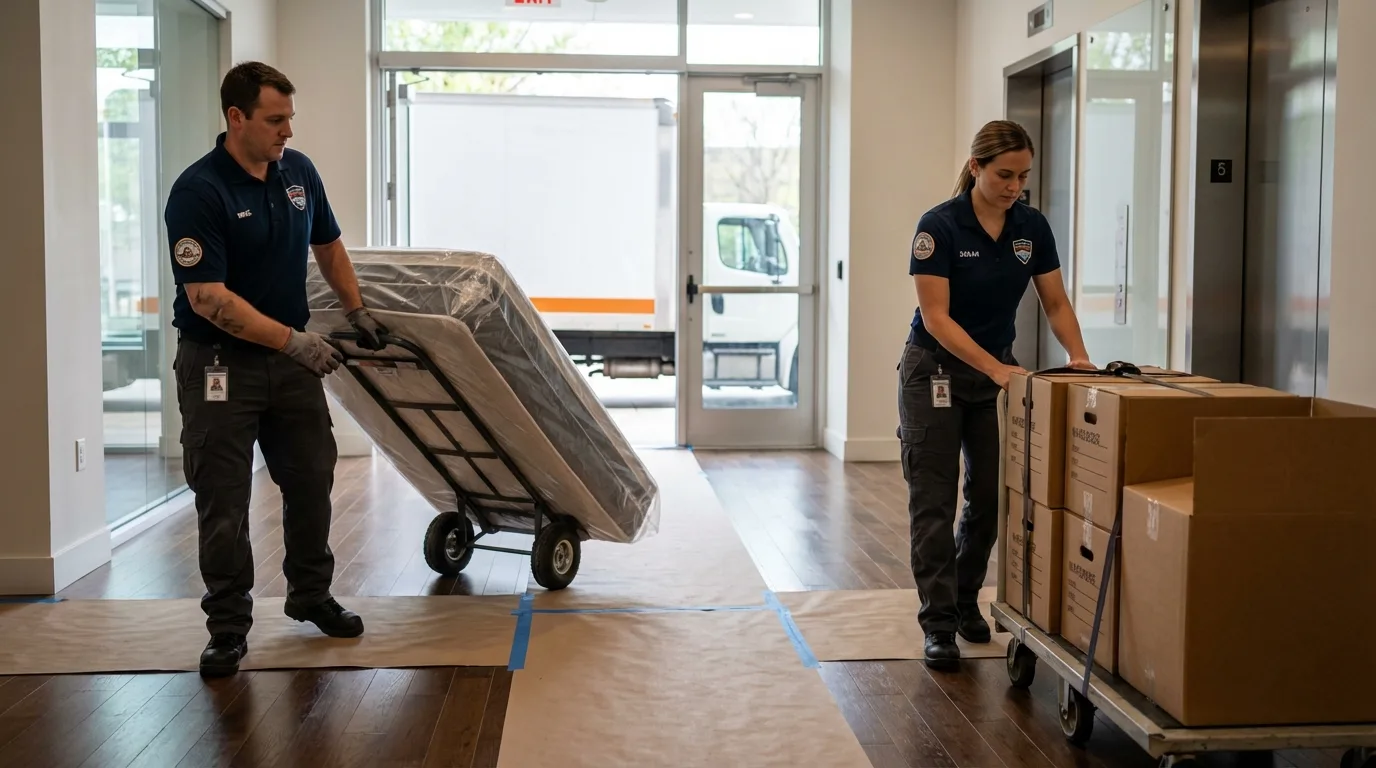 Professional apartment movers loading elevator in Decatur, AL